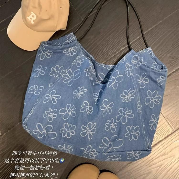 

Джинсовая парусиновая сумка через плечо большой вместимости, ретро нишевый дизайн с принтом, универсальная сумка для通勤 синий