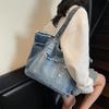 Niche Raw Edge Denim Tote Bag 2025, Women's Large Capacity Commute Shoulder Bag with Fashion Silk Scarf
