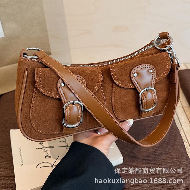 French Niche Design Suede Bag Women's 2025 New Foreign Style Versatile Single Shoulder Underarm Bag Portable Baguette Bag