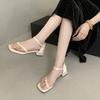 French square head pearl one-word buckle with thick heel sandals female 2025 summer new versatile fairy style toe sandals