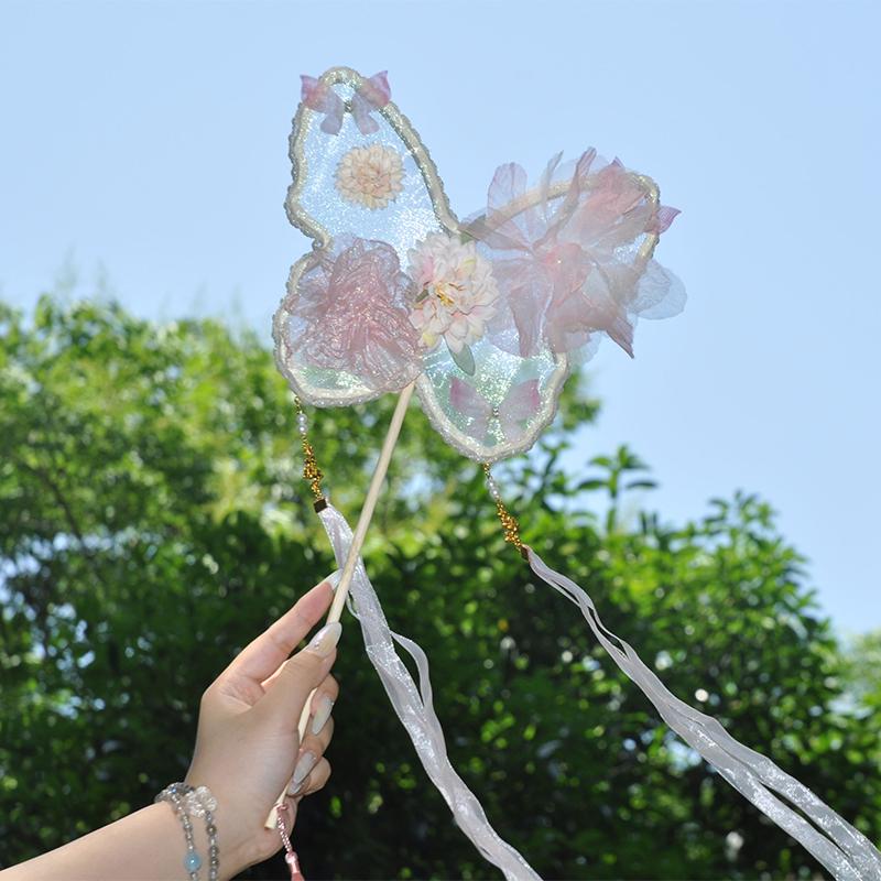 Taneční vějíř - Ručně vyšívaný vějíř s třásněmi pro Hanfu a dětský tanec