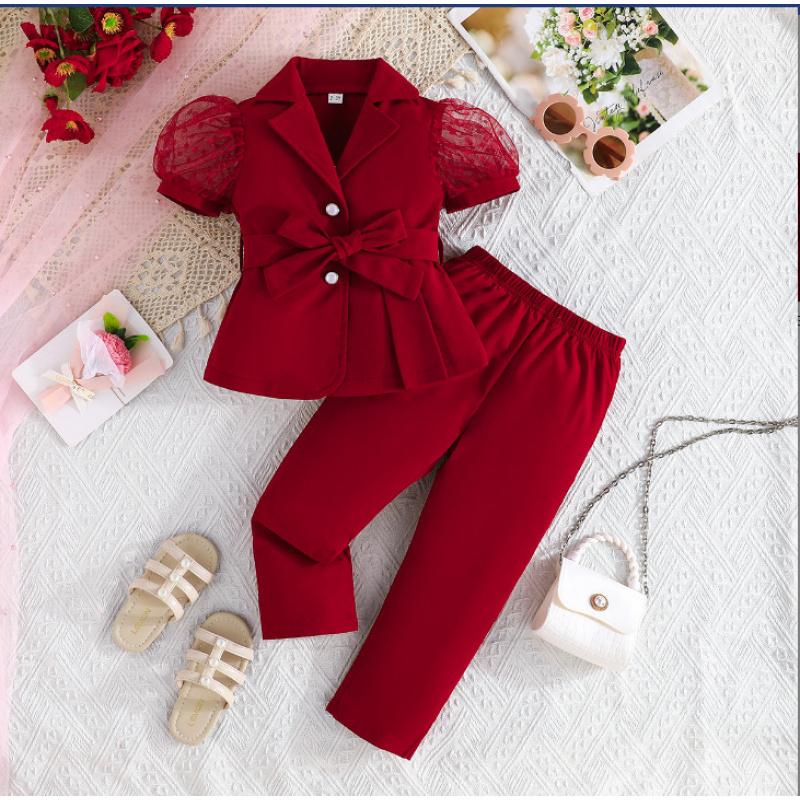 

New Girls Bubble Short Sleeve Mesh Sleeve Fashion Blazer + Long Pants Two-Piece Set for Young and Middle-aged Children 8Y червоний