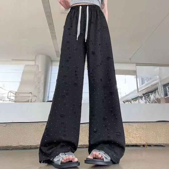 Damenhosen Elastisch Hohe Taille Verstellbarer Kordelzug Einfarbige Weiter Bein Lässige Hosen Durchlöchertes Design Lockere Passform Lang