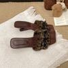 Fashion Bow Fluffy Slippers Autumn New Square Toe Open Toe Shaped Heel Kitten Shoes