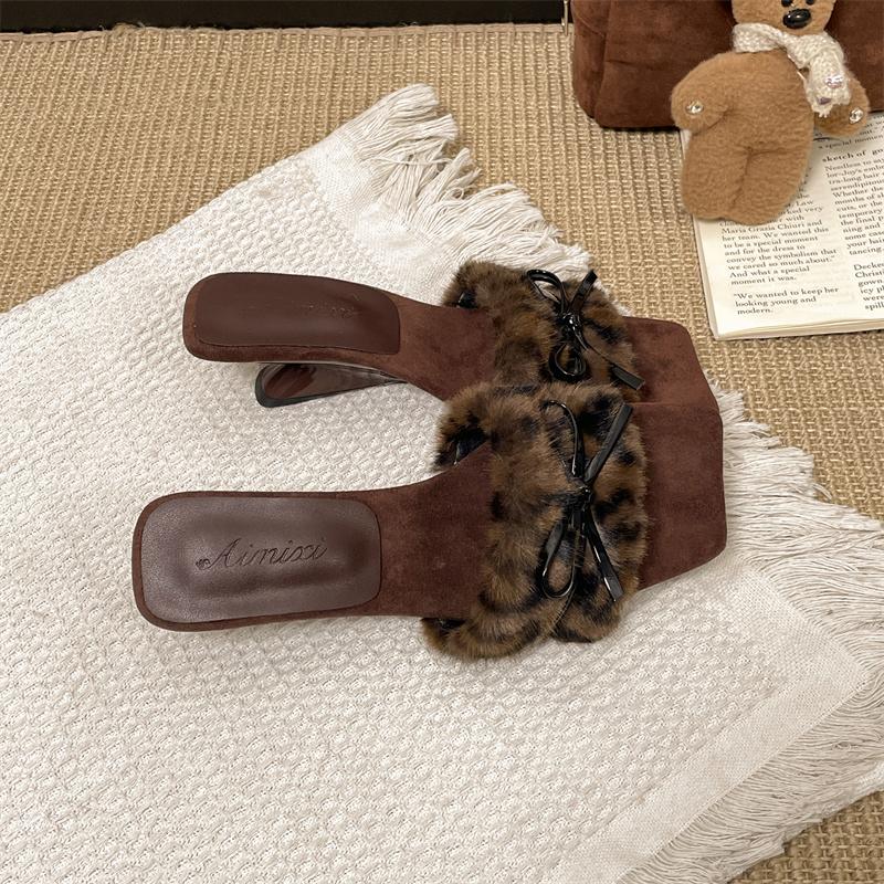 Fashion Bow Fluffy Slippers Autumn New Square Toe Open Toe Shaped Heel Kitten Shoes