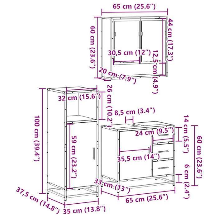 VidaXL Ensemble de meubles de salle de bain 3 pcs Sonoma gris, armoire de salle de bain, placard de salle de bain, meuble de 3300988