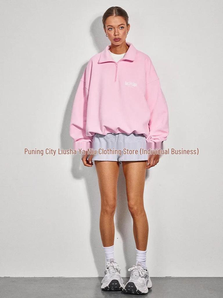 American-Style Autumn & Winter Women's Loose Fit Hip Hop Lapel Half-Zip Hoodie