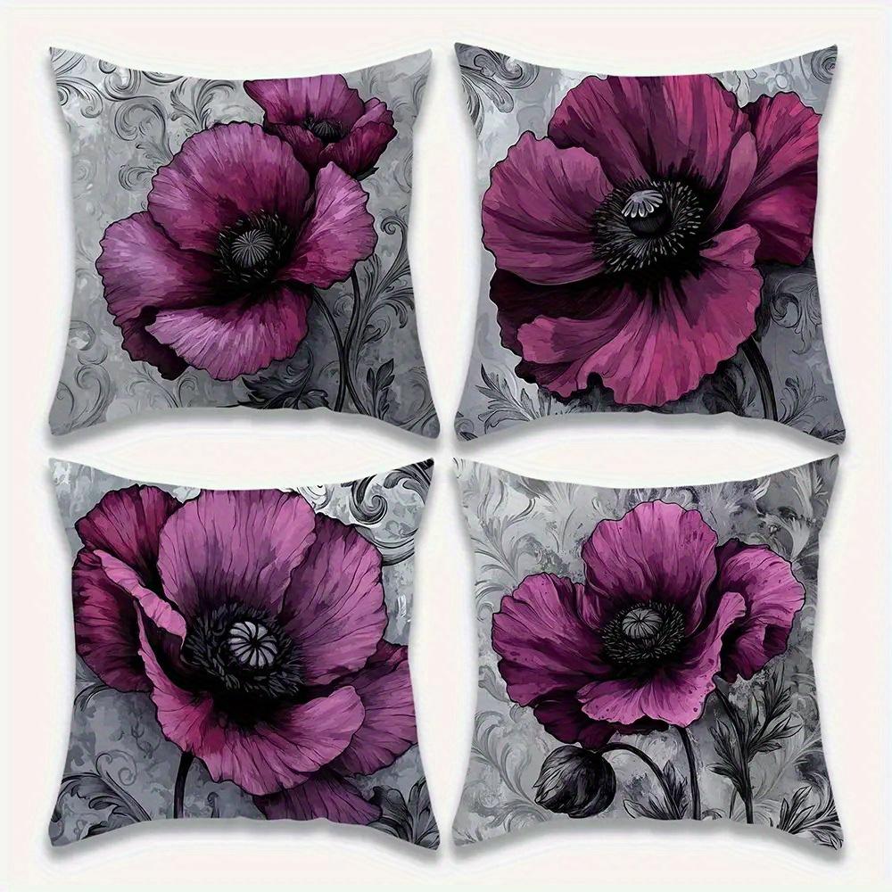 Gray and Purple Flowers Digital Printing Pillow Cover Short Plush Suitable Living Rooms Bedrooms Sofas Throw Cushion Cover 4pcs