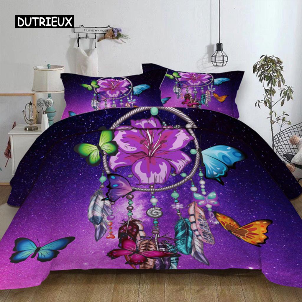Set de lenjerie de pat Prindător de vise cu fluturi violet Husă de plapumă cu fețe de pernă Twin Full Queen King Size Lenjerie de pat 3 piese textil de casă
