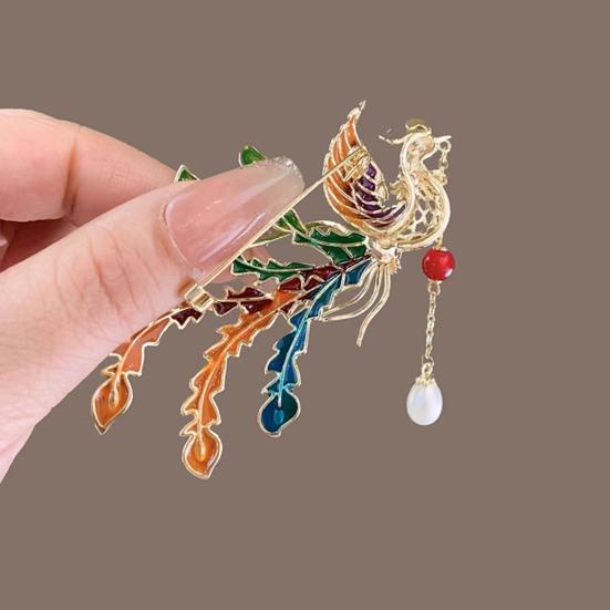 Brooch Retro Style Phoenix Design Lapel Pin with Faux Pearl Tassel Sweaters Collars Hats Bags Coats Scarves Badge Outfit Accessory