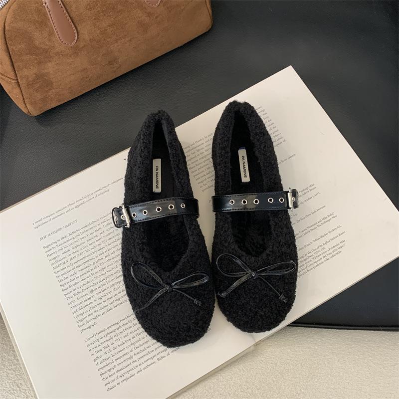 2025 Autumn and Winter Comfortable Versatile Bow Cotton Shoes Round Head One-word Buckle Casual Fluffy Shoes