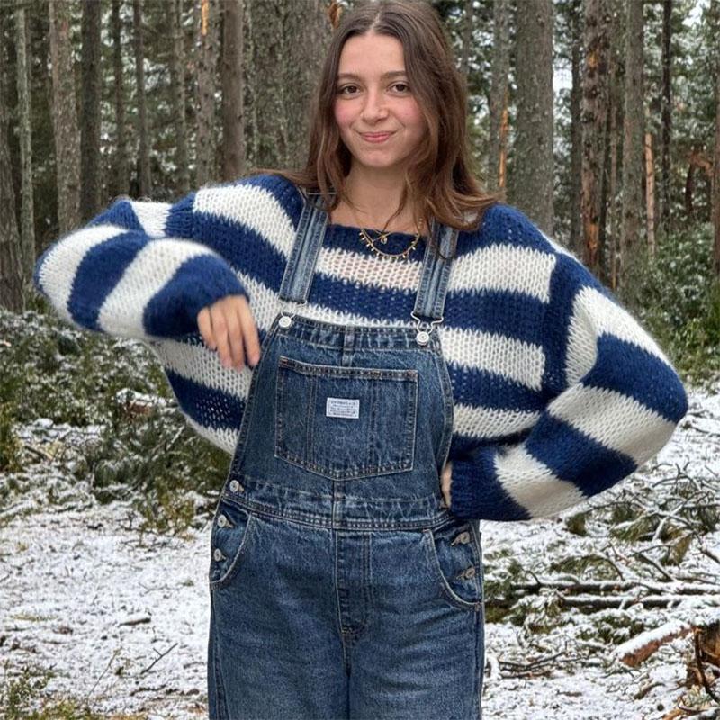 Pulovere casual tricotate cu dungi pentru femei, cu umăr dezactivat, cu mânecă lungă, pulover pentru femeie, toamnă 2024