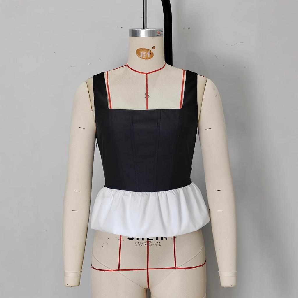 European and American Sleeveless Vest Women's Black and White Halter Top Summer Thin A-shaped Skirt Splicing Pleated Edge Top