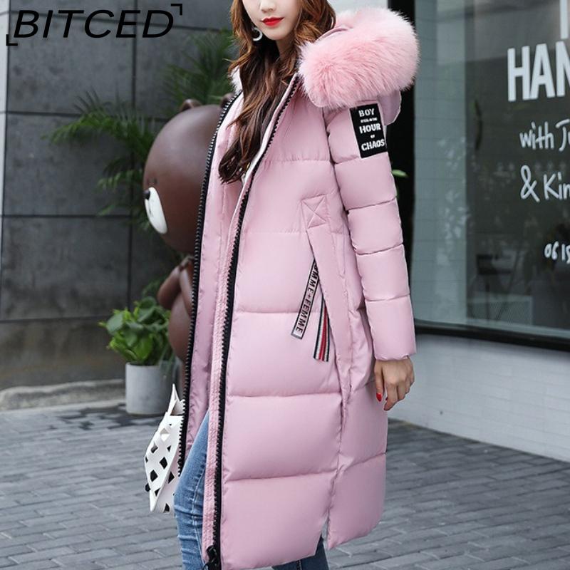 

BITCED Autumn/Winter Women s Long-Length Cotton Coat with Hood and Large Fur Collar Down-Filled Cotton-Blend Padded Jacket M розовый