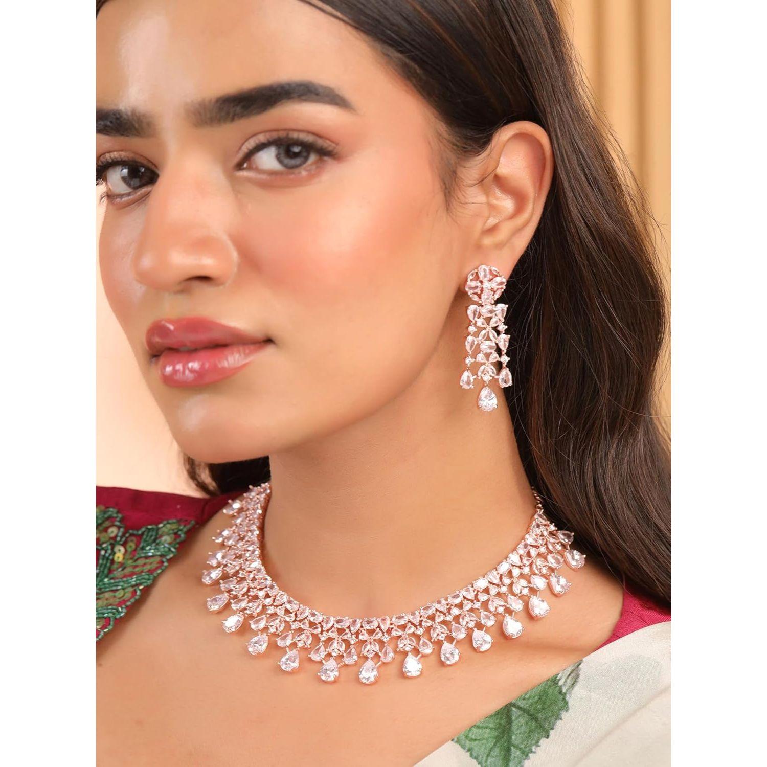 

American Diamond Necklace Set For Women | White Stone Rose Gold Jewellery Set For Women | Diamond Necklace Set | Birthday Gift for Girls