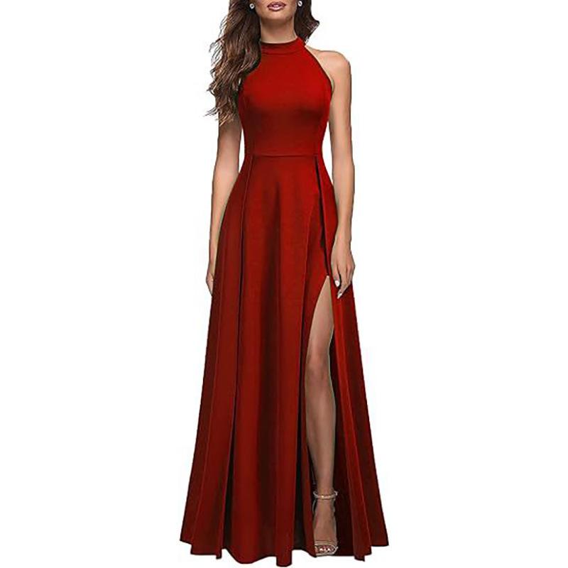 2025 Summer Women's Fashion: Sexy Slit Halter Neck Evening Gown – High-End Feel Long Skirt