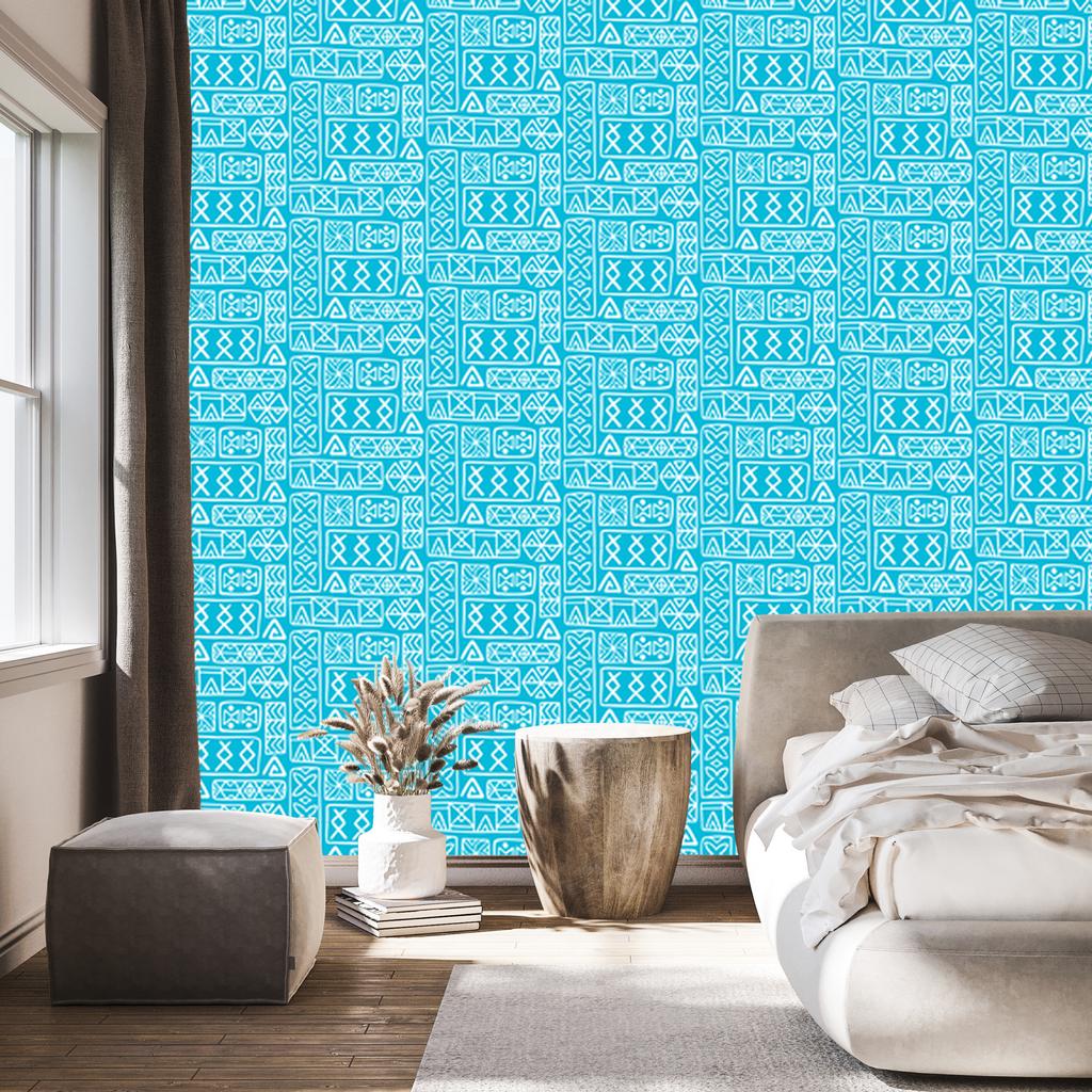 Polynesian Geometric Pattern Wallpaper Turquoise and Celadon 50x1000