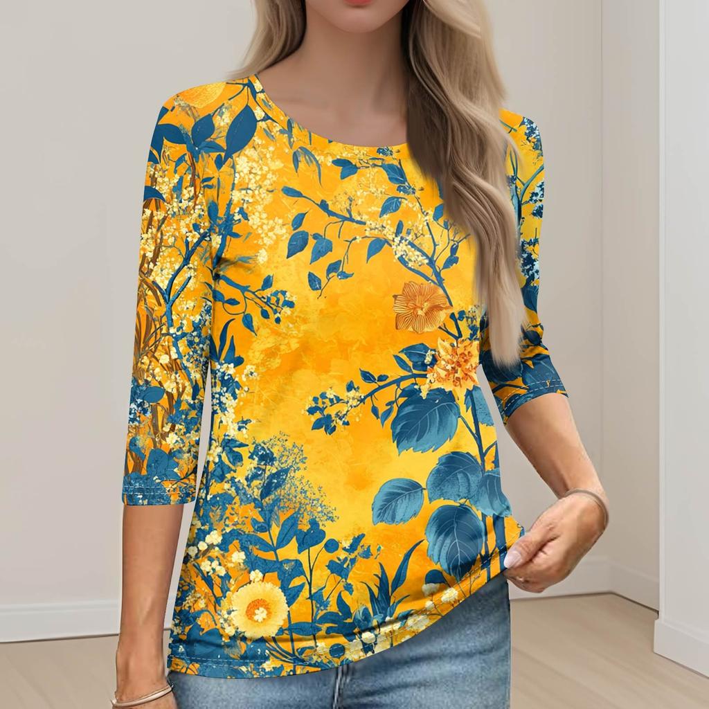 Women's Fashion Casual Round Neck 3/4 Sleeve Loose Printed T-Shirt Ladies Top
