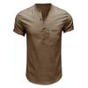 Men's Cross-Border Henley Shirt: European & American Style Cotton Linen Short-Sleeved Solid Color Pocket Shirt