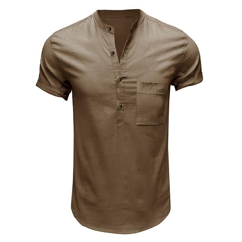 Men's Cross-Border Henley Shirt: European & American Style Cotton Linen Short-Sleeved Solid Color Pocket Shirt