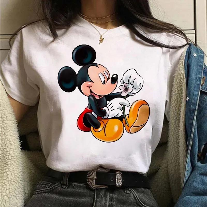 Funny Disney Women T-shirt Cute Cartoon Mickey Minnie Graphic Casual Short Sleeve T Shirt Female Kawaii Loose Y2K Clothing Tops