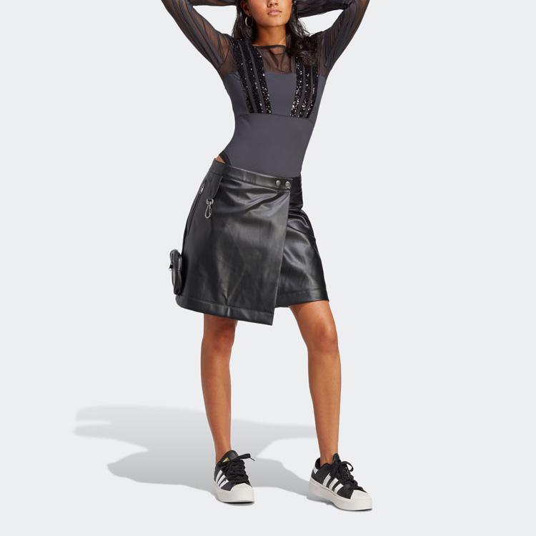 Adidas Originals Blue Version Santiago Bodysuit Solid Color Sequin Pattern Long Sleeve Jumpsuit Women Jumpsuit Black HR3417