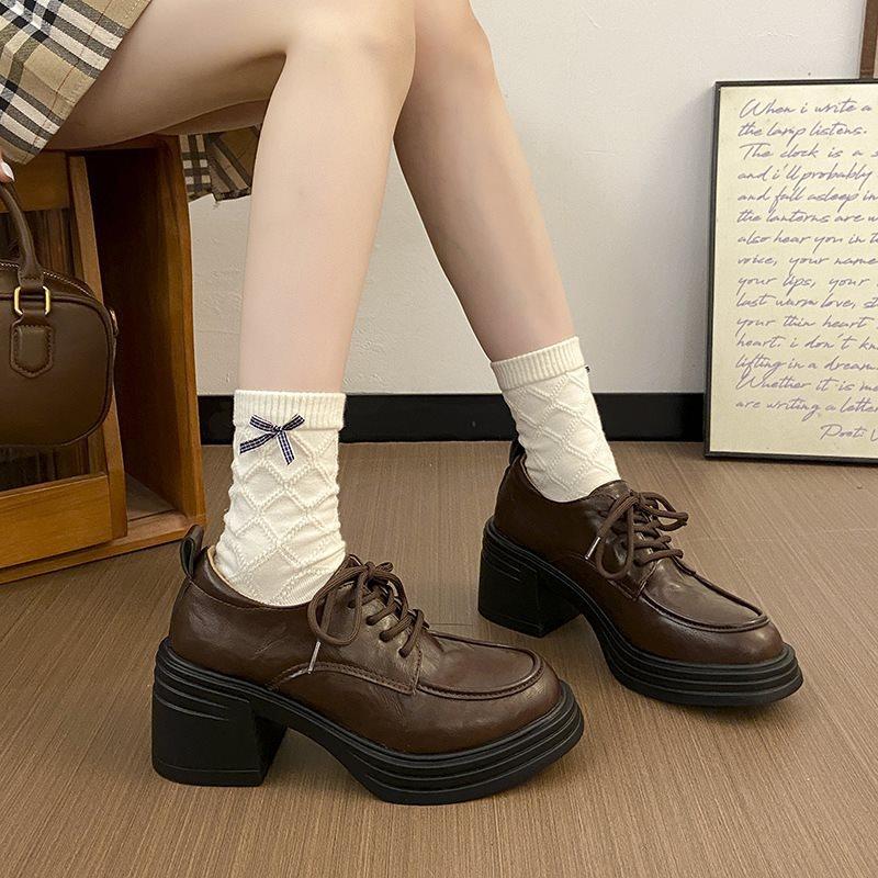 Deep-mouth High-heeled Shoes Platform Spring and Autumn Single Shoes Women's Retro Round Head Thick Heel New 2025 Lace-up British Style Small Leather