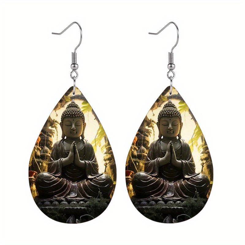 Retro Buddha Statue PU Leather Earrings Double-sided Pattern Print Water Drop Earrings Women Vintage Classic Earrings Simple Gifts for Friends