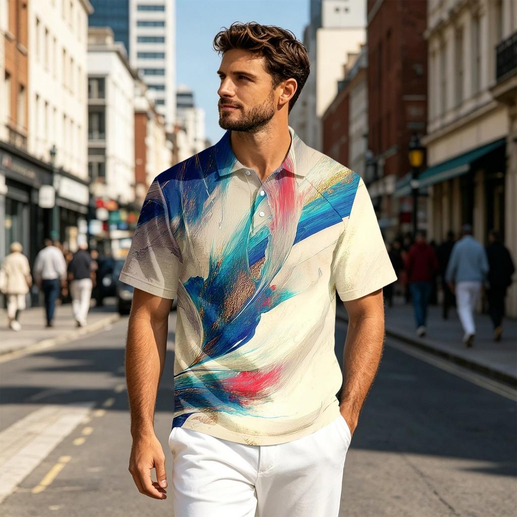 Men's Short Sleeve Lapel Collar Shirt Lightweight Cotton Linen Gradient Print Breathable Casual Summer Everyday Top