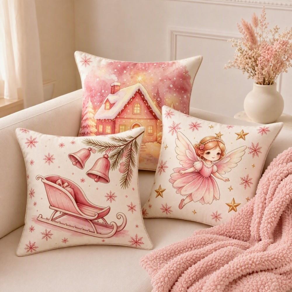 Soft Christmas Pillow Cover Pink Watercolor Style Santa Pillow Cover  Party Decoration