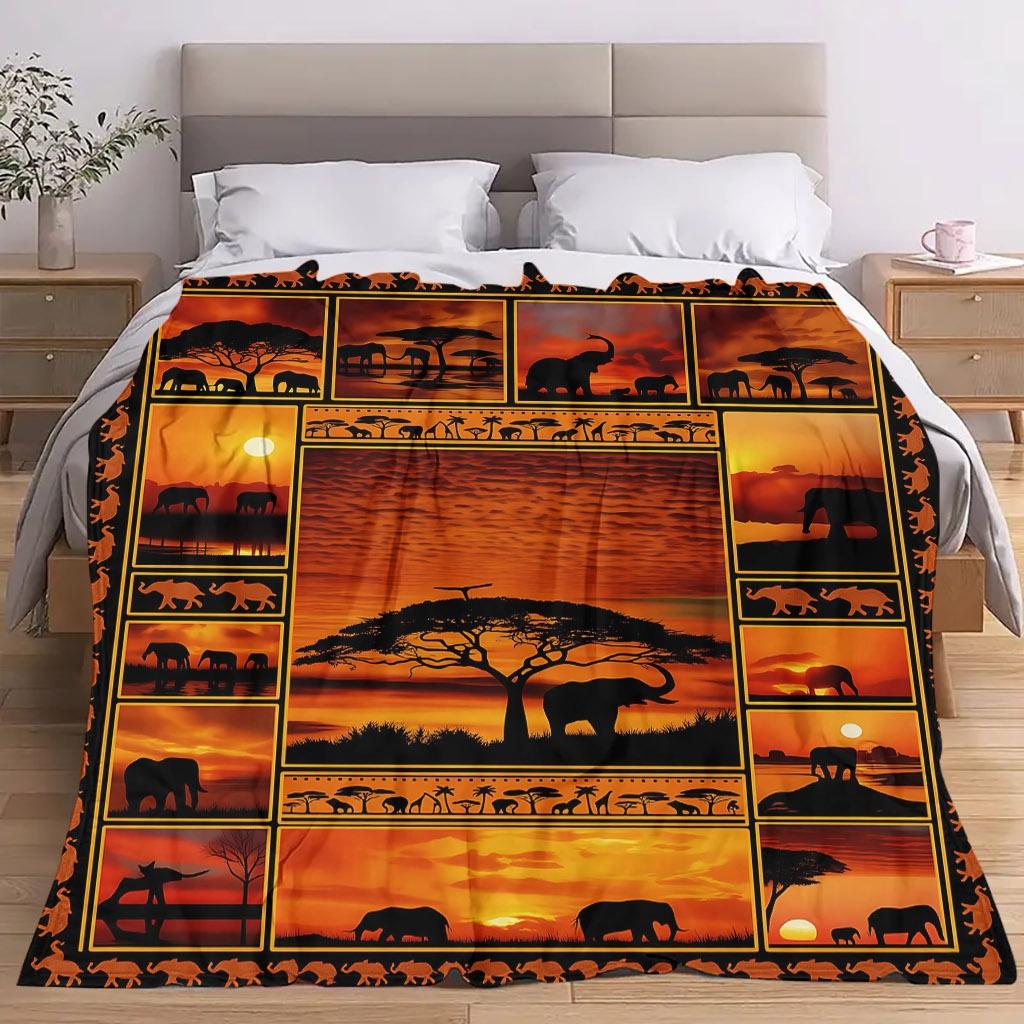 African Elephant Throw Blanket, Sunset Animal Blanket for Sofa Bed Travel Home Decor