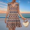 Women's Fashion Casual V Neck Wavy Edge Striped Plaid Print Short Sleeve Dress