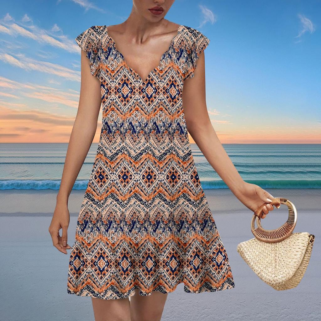 Women's Fashion Casual V Neck Wavy Edge Striped Plaid Print Short Sleeve Dress