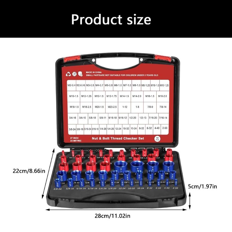 50Piece Metric Standard Thread Checker Gauge Set with Portable Storage Case Color Coded Gauges Aluminum Construction