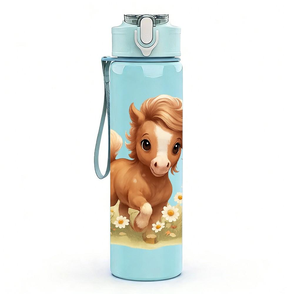 1PC Little Brown Horse Foal Cartoon Print 750ml Color Plastic Sports Water Bottle Leakproof Flip Straw Lid Suitable for Sports Office Home Use