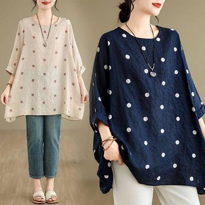 Women Oversiezd Polka Dot Blouse Vintage 3/4 Sleeve Tops Summer Casual Loose Round Neck Tunics Holiday Female Blusas