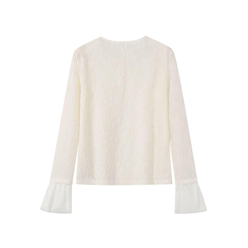 Damen Rundhals Spitzen-Patchwork Glockenärmel Transparentes T-Shirt - Einfarbig, Leicht und Perfekt für Herbstausflüge