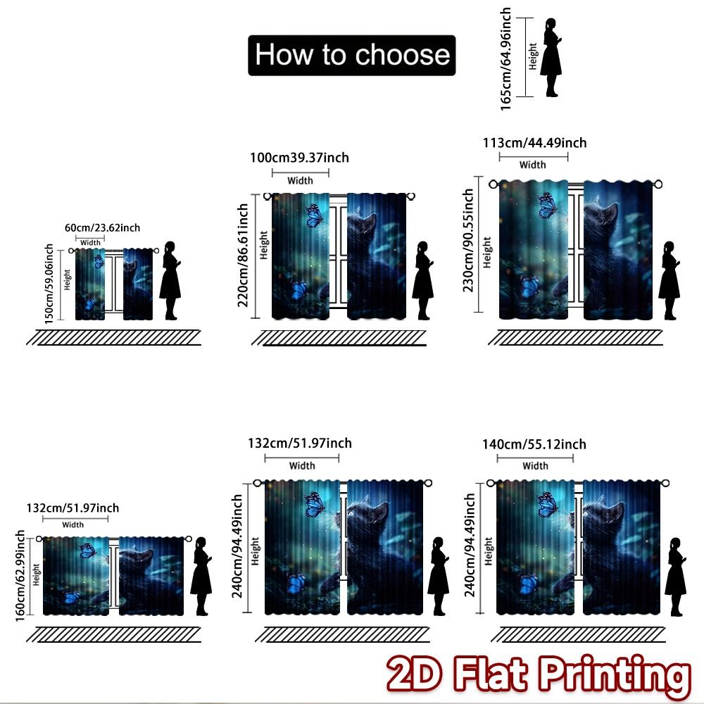 2D Flachdruck 2 Stück Fenstergardinen Schwarze Katze Blaue Schmetterlinge Fantasy Digital Gedruckte Polyester Vorhänge Festlicher Feiertag Perfekt