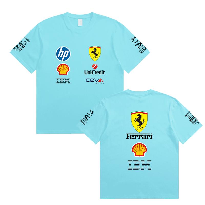 Camiseta Oversized de Casal Ferrari F1 Racing Estampa Clássica de Logo de Patrocinador Manga Curta Casual de Motorsport Streetwear