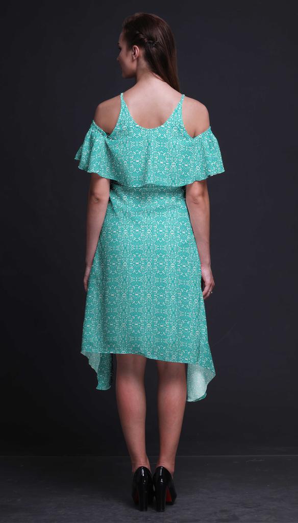 Bimba Block Print Cold Shoulder Women Swing Tunic Flutter Sleeve Midi