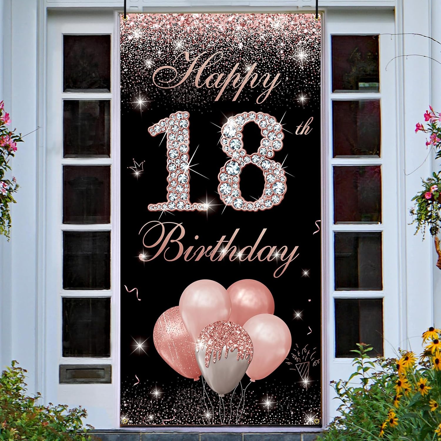 Happy 18th Door Backdrop Banner Rose Gold, 18th Birthday Decorations for Girls, 18 Year Old Birthday Party Yard Sign Photo Props Backdrop Decor