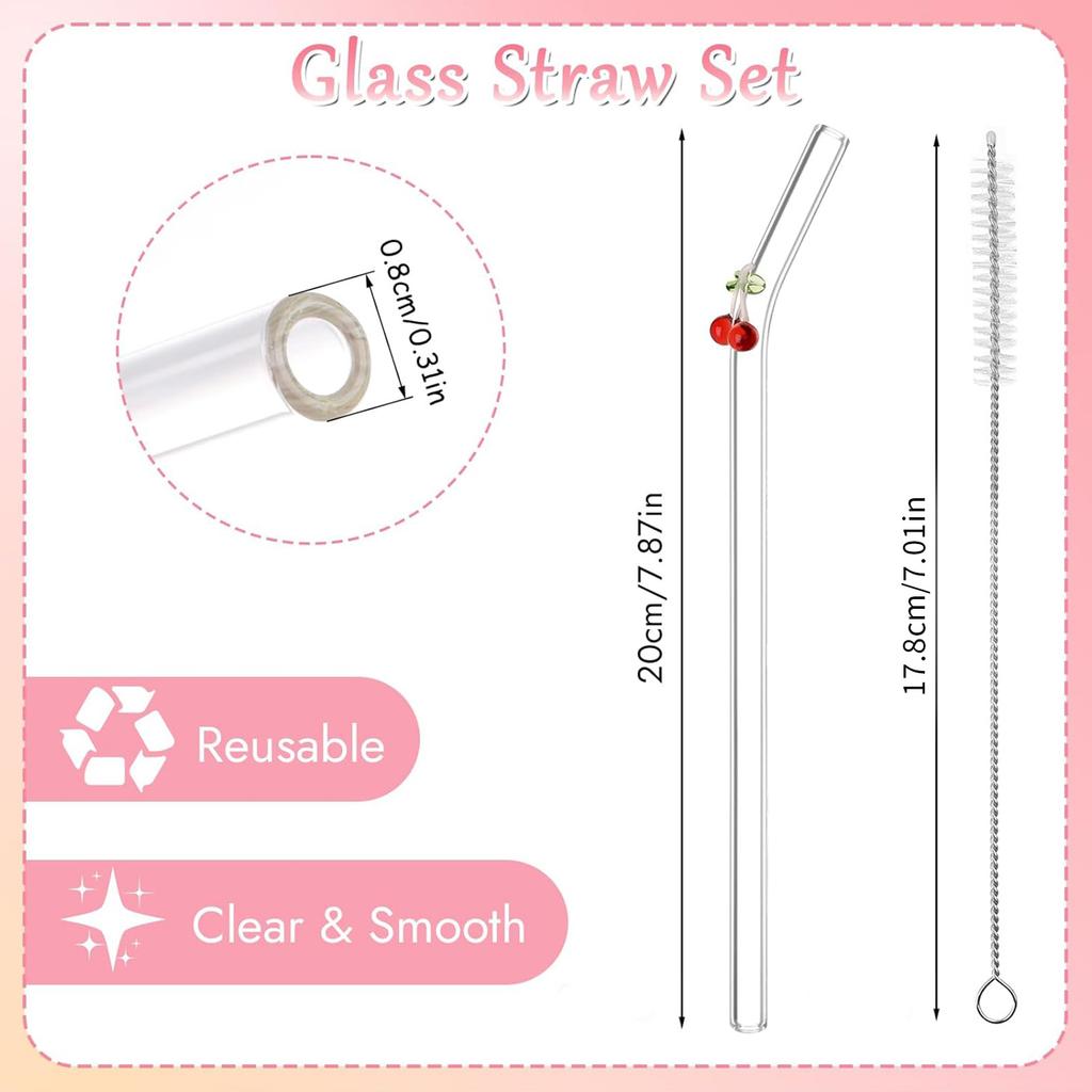 1/2/5Pcs/set Reusable Straws Clear Glass Straws Colorful Cherry Design with 1 Cleaning Brush for Smoothies, Milkshakes, Juices,