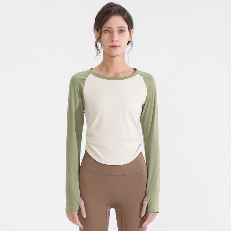 Damska szybkoschnąca plisowana koszulka do jogi z długim rękawem i kontrastowymi wstawkami