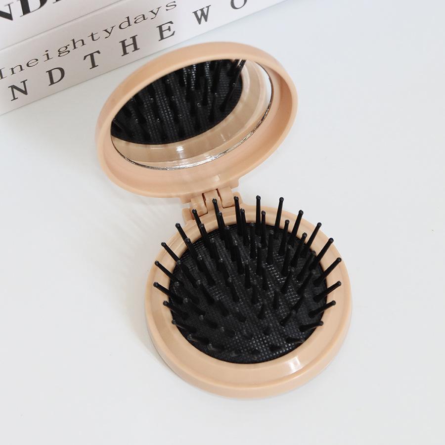 Small Portable Folding Hair Comb with Massage Bristles and Built-in Mirror for Women and Girls