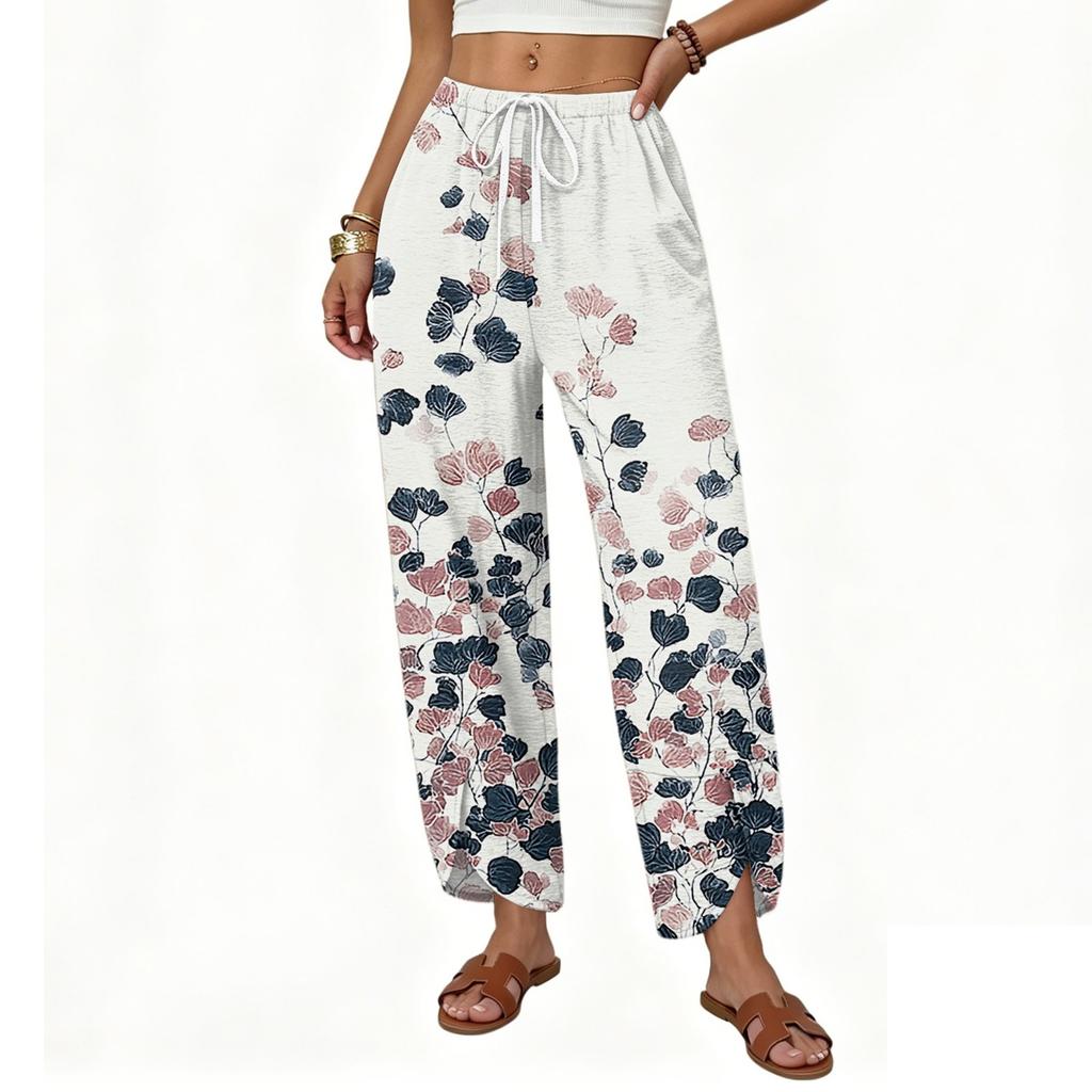 Women's Casual Loose Straight Leg Drawstring Printed Long Pants with Relaxed Fit Lightweight Breathable Fabric for Everyday Wear