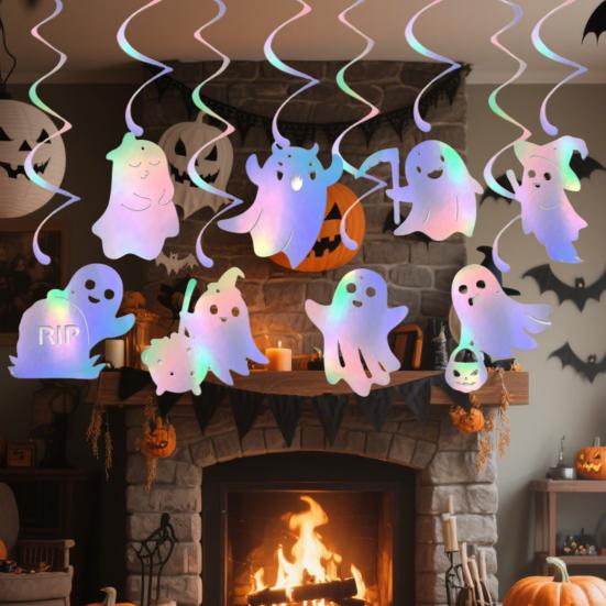 8 Pcs Iridescent Ghost Hanging Swirls Cute Shinny Foil Ghost Swirls Halloween Ceiling Streamer for Halloween Party Decoration