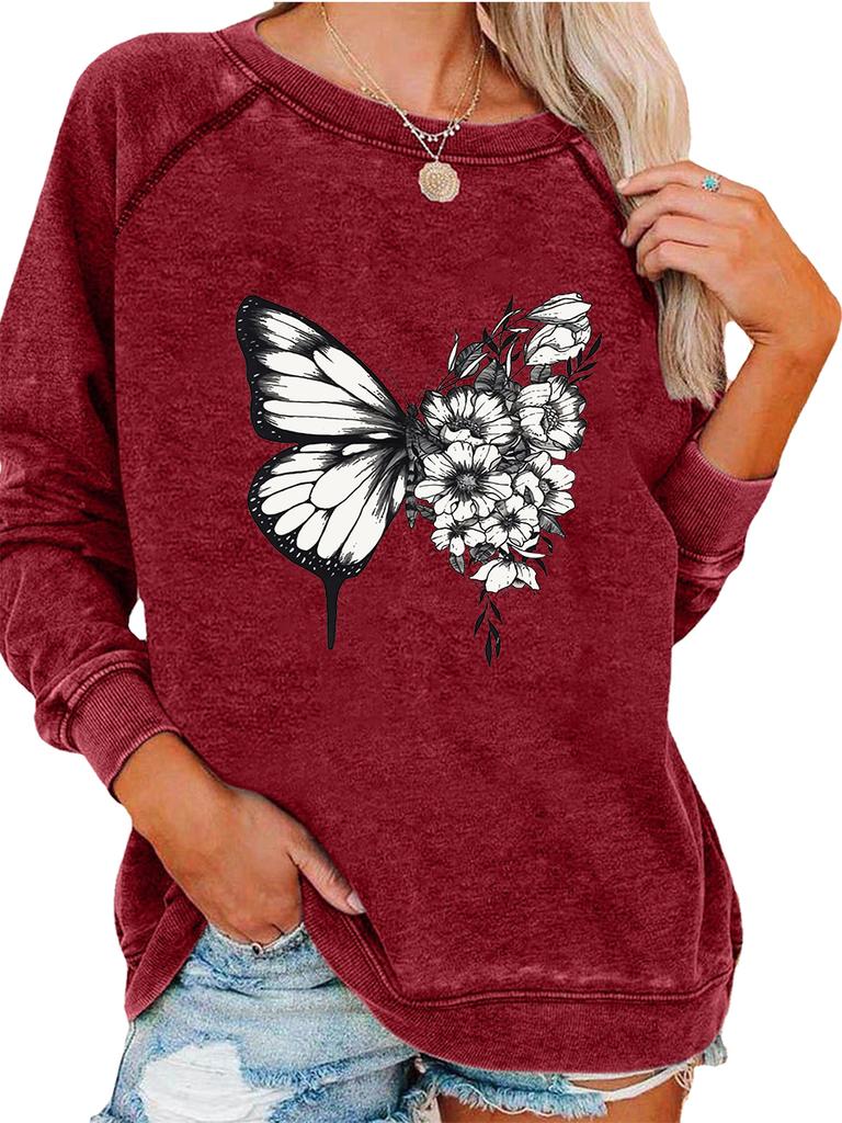 Women's Oversized Pullover Sweatshirt Fashion Butterfly Print Top Ladies Spring/Fall Sweatshirt