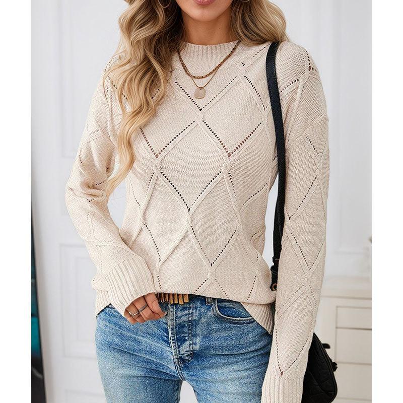 European and American Foreign Trade Women's Sweater, Solid Color Rhombus Hollow Round Neck Pullover Knitted Sweater Top Women