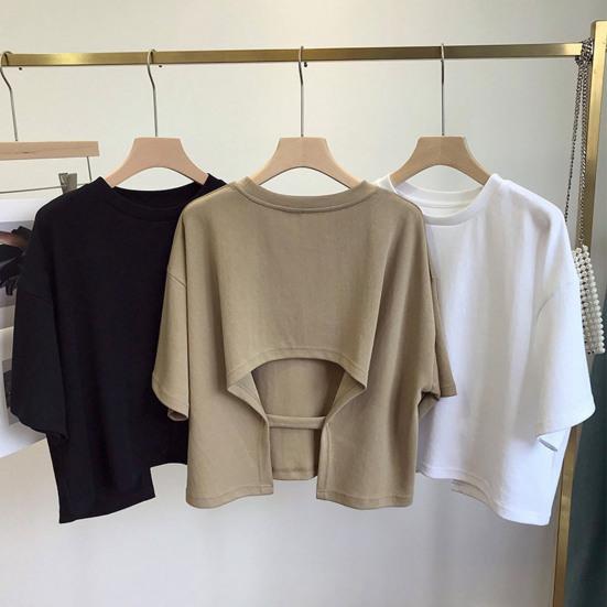 Dámské zkrácené topy s kulatým výstřihem a krátkým rukávem, design s dutými zády, jednobarevné topy, letní prázdninové tričko