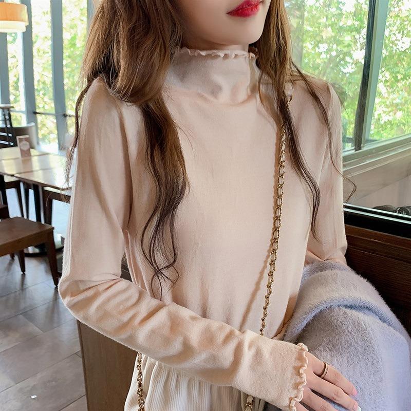 Semi-turtleneck fungus edge bottoming shirt women's early spring with candy-colored sweater knitted sweater top tide
